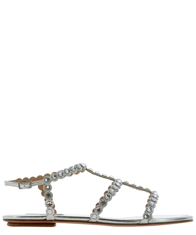 Aquazzura Tequila Crystal-embellished Metallic Leather Flat Sandals In Silver