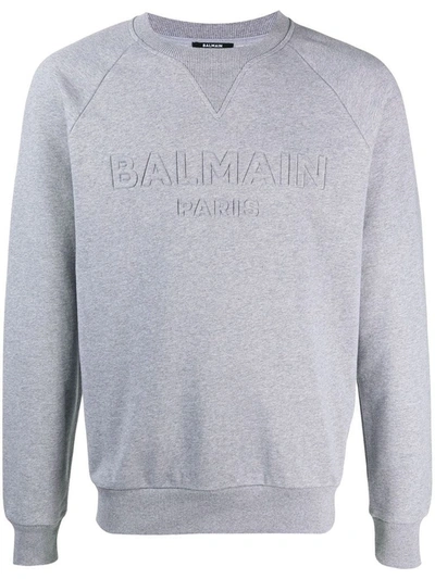 Balmain Logo-embossed Crewneck Cotton-jersey Sweatshirt In Grey