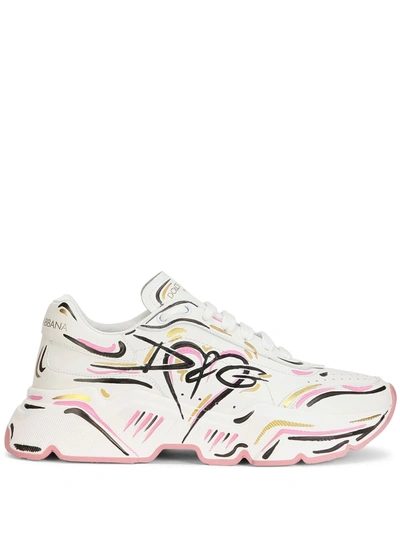 Dolce & Gabbana White & Multicolor Hand-painted Daymaster Low Sneakers In Black