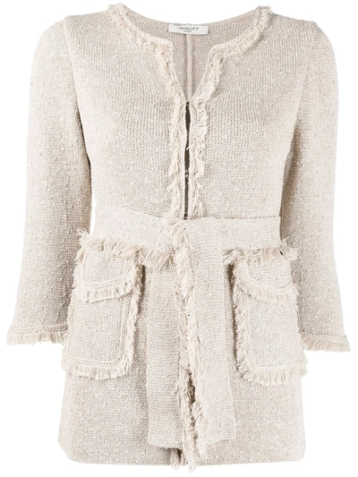 Charlott Belted Frayed-trimmed Cardigan In Neutrals