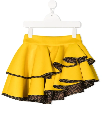 Fendi Kids' Logo印花荷叶边半身裙 In Yellow