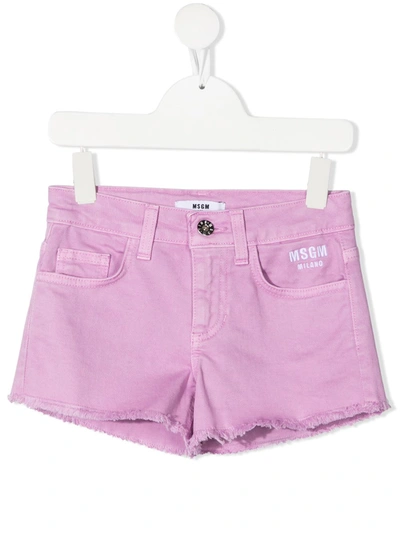 Msgm Kids' Embroidered Logo Denim Shorts In Pink