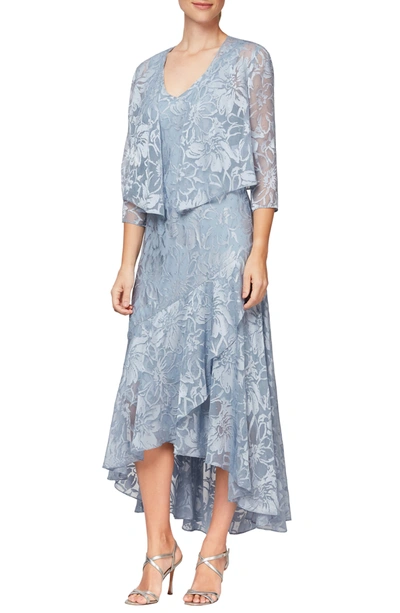 Alex Evenings Metallic Textured Floral Burnout High/low Dress With Jacket In Hydrangea