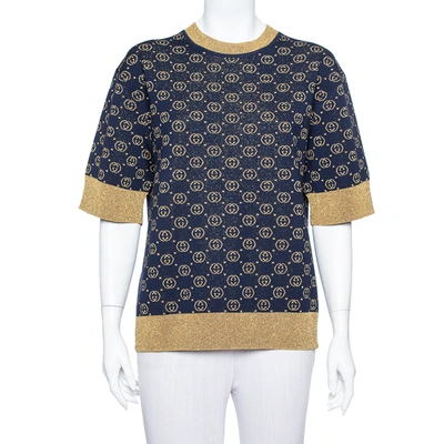 Pre-owned Gucci Navy Blue Logo Pattern Lurex Knit Short Sleeve Sweater S