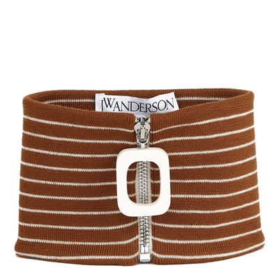 Jw Anderson Striped Wool Neckband In Brown/off White