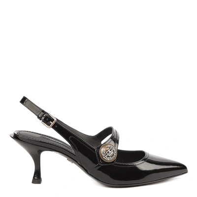 Dolce & Gabbana Sling Back Shoes In Polished Calfskin With Buttons In Black