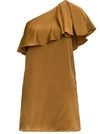 Saint Laurent One Shoulder Dress With Satin Crepe Frill In Beige