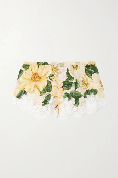 Dolce & Gabbana Lace-trimmed Floral-print Silk-satin Shorts In Neutrals