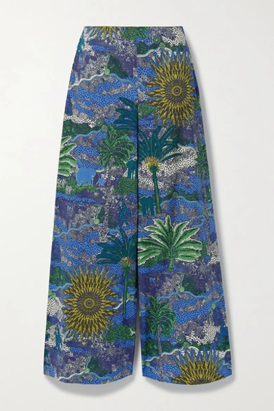 Le Sirenuse Positano Natalie Printed Cotton-poplin Wide-leg Trousers In Blue