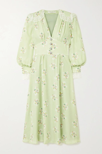 Alessandra Rich Lace-trimmed Floral-print Silk Crepe De Chine Midi Dress In Green