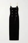 ALESSANDRA RICH CHAIN AND BUTTON-EMBELLISHED VELVET MIDI DRESS