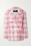 BALMAIN DOUBLE-BREASTED FRINGED GINGHAM COTTON-BLEND TWEED BLAZER