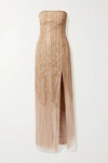 MARCHESA NOTTE STRAPLESS EMBELLISHED TULLE GOWN
