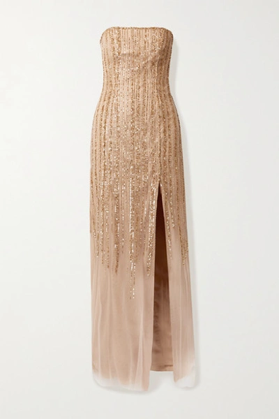 Marchesa Notte Strapless Beaded Embroidered Tulle Evening Gown In Gold