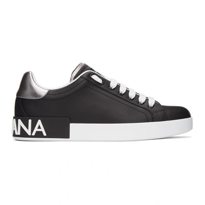 Dolce & Gabbana Portofino Sneakers In Black Leather With Silver Inserts Dolce E Gabbana