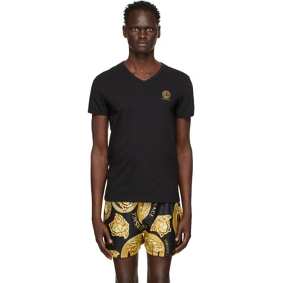 Versace Medusa-print V-neck Cotton-blend T-shirt In Black