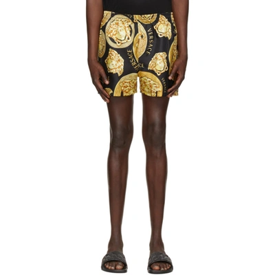 Versace Black & Gold Medusa Print Shorts In Black Gold