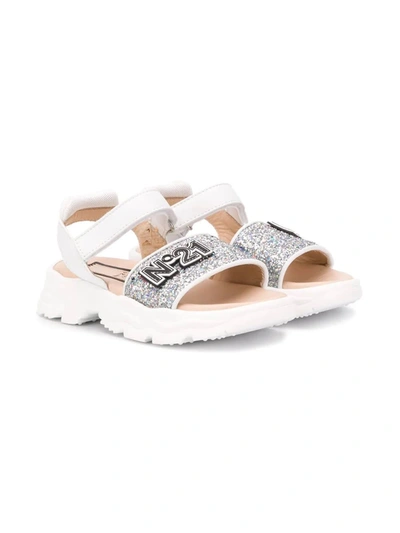 N°21 Teen Logo Patch Glitter Sandals In Silver