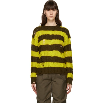 Andersson Bell Brown & Green Destroyed Cable Sweater In Khaki/lime