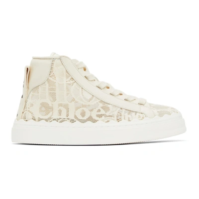 Chloé Lauren Scalloped Leather-trimmed Lace High-top Sneakers In Neutro
