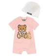 MOSCHINO BABY STRETCH-COTTON PLAYSUIT AND HAT SET,P00540371