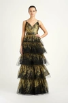 Marchesa Notte Sleeveless V-neck Glitter Tulle 5-tiered Gown