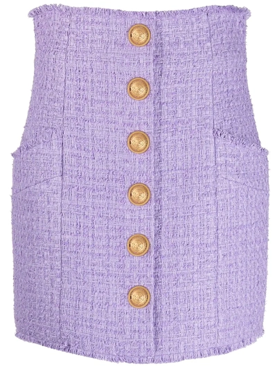 Balmain Button-up Tweed Midi Skirt In Purple