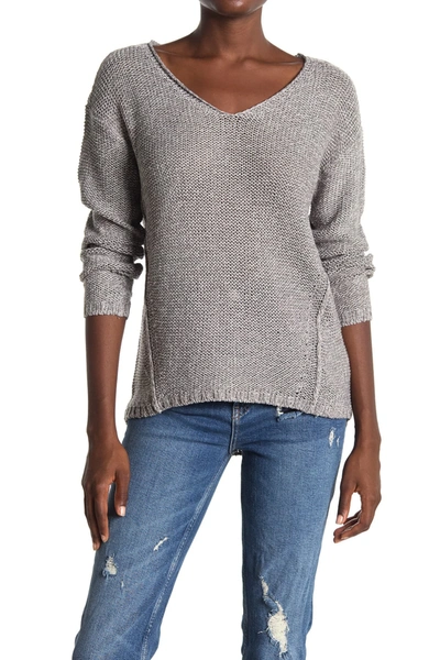 Modern Designer V-neck Faux Suede Elbow Patch Tunic Sweater In Frost Grey