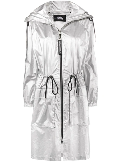 Karl Lagerfeld Metallic Hooded Raincoat In Silver