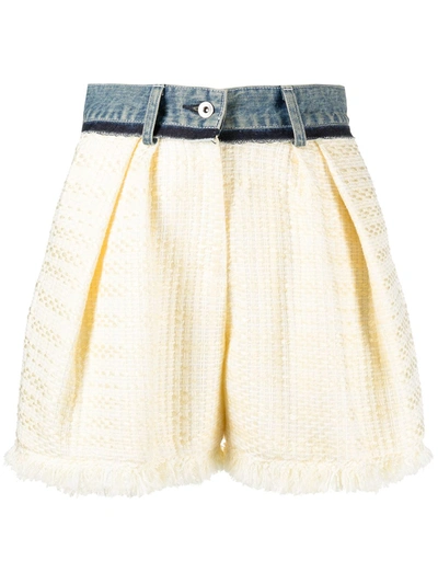 Sacai Denim-trimmed Tweed Shorts In White