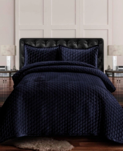 Tribeca Living Lugano Honeycomb Velvet Oversized Solid 2 Piece Quilt Set, Twin In Dark Blue