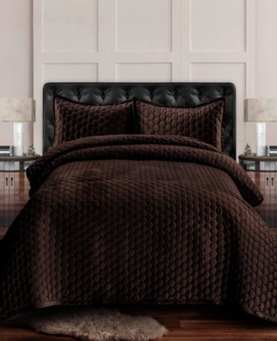 Tribeca Living Lugano Honeycomb Velvet Oversized Solid 2 Piece Quilt Set, Twin In Dark Brown