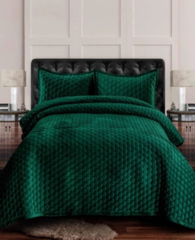 Tribeca Living Lugano Honeycomb Velvet Oversized Solid 2 Piece Quilt Set, Twin In Dark Green