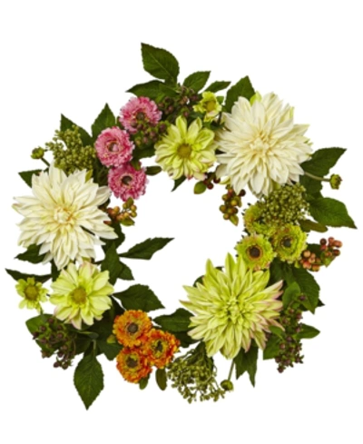 Nearly Natural 22'' Dahlia Mum Wreath In Natural