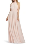 Ieena For Mac Duggal High Neck Ruched Chiffon A-line Gown In Blush