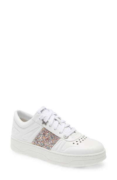 Jimmy Choo Hawaii Glitter-embellished Leather Sneakers In White