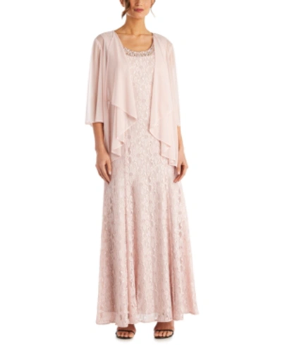 R & M Richards Petite Lace Gown & Jacket In Blush