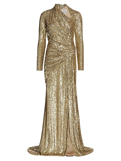 Pamella Roland Asymmetrical Draped Sequin Gown In Gold