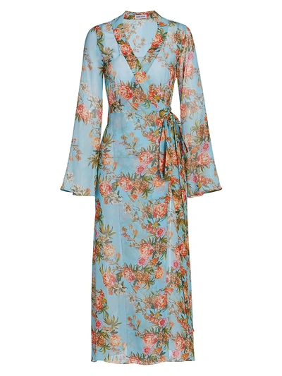 Adriana Iglesias Alessandra Floral Silk Wrap Robe In Pool Blue