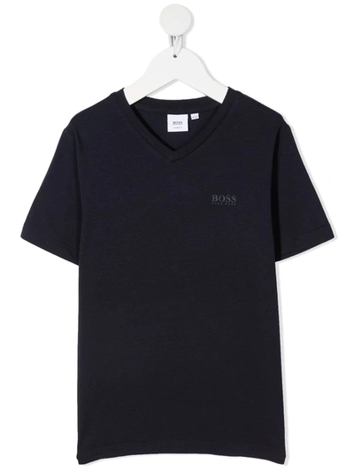 Bosswear Kids' Logo-print V-neck T-shirt In Blue