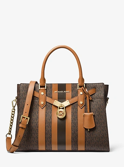 Michael Kors Nouveau Hamilton Large Logo Stripe Satchel In Brown