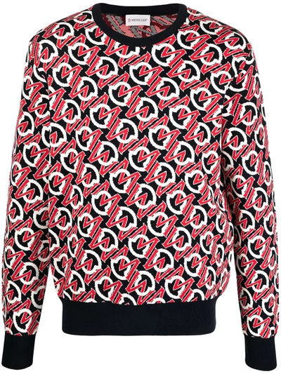 Moncler Men's Logo Jacquard Crew Sweater In Dark Blue