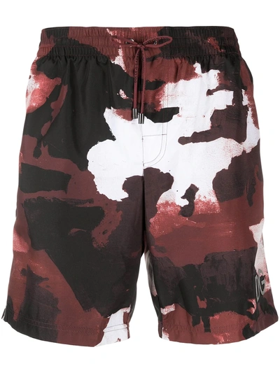 Dolce & Gabbana Swim Trunks With Camouflage Print And Logo In Red