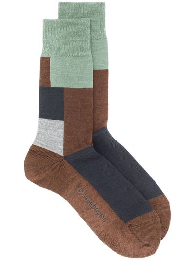 Gr-uniforma Colour-block Ribbed Socks In Brown