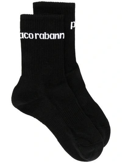 Paco Rabanne Ribbed Knit Logo Socks In Black