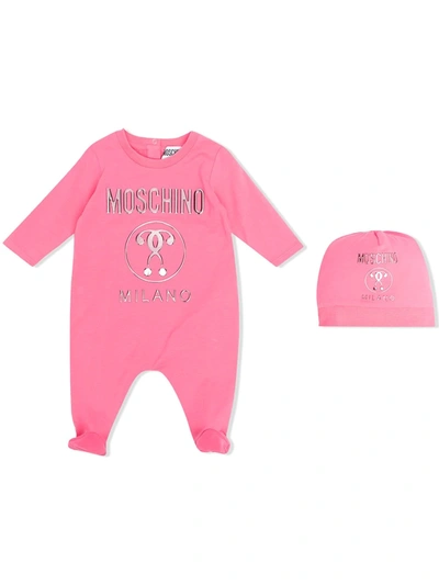 Moschino Babies' Metallic Logo Bodysuit And Hat In Pink