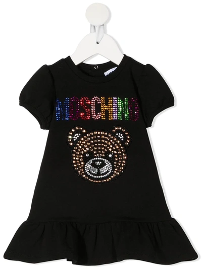 Moschino Babies' 水钻logo T恤式连衣裙 In Black