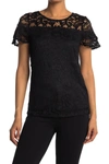 Adrianna Papell Stretch Lace Paisley Short Sleeve Top In Black