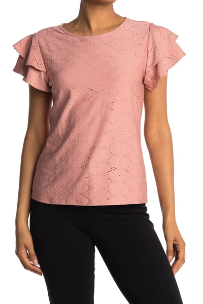 Adrianna Papell Flutter Sleeve Eyelet Top In Pink Chill