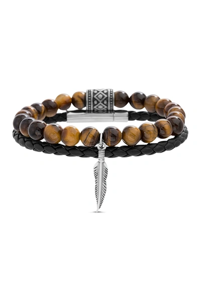 Steve Madden Brown Beaded Stretch Feather Charmed And Black Braided Leather Duo Bracelet Set